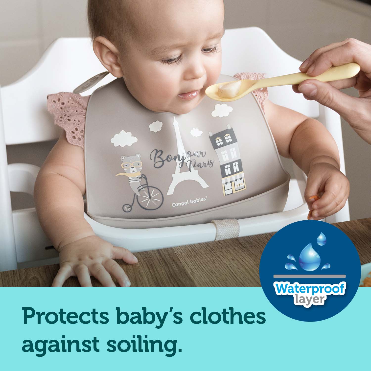 Canpol babies Silicone Bib with Pocket BONJOUR PARIS beige