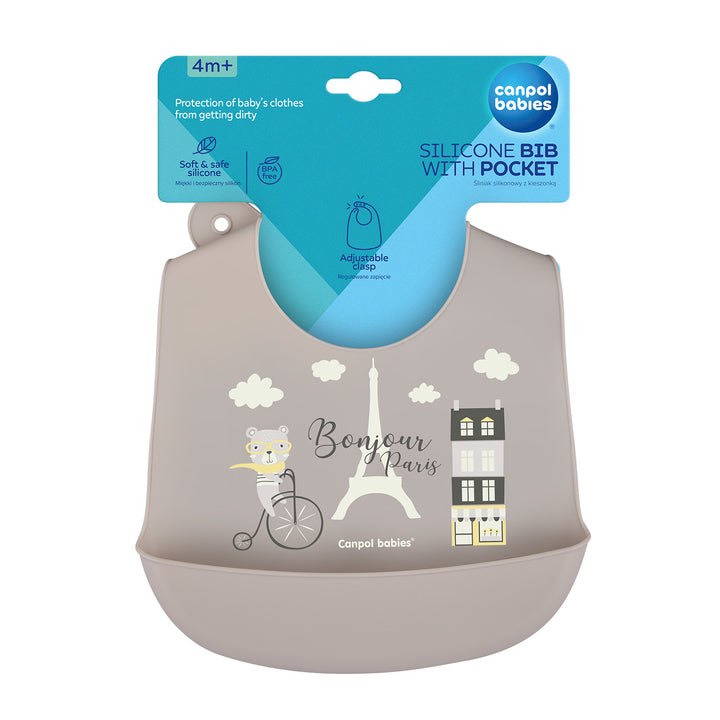 Canpol babies Silicone Bib with Pocket BONJOUR PARIS beige