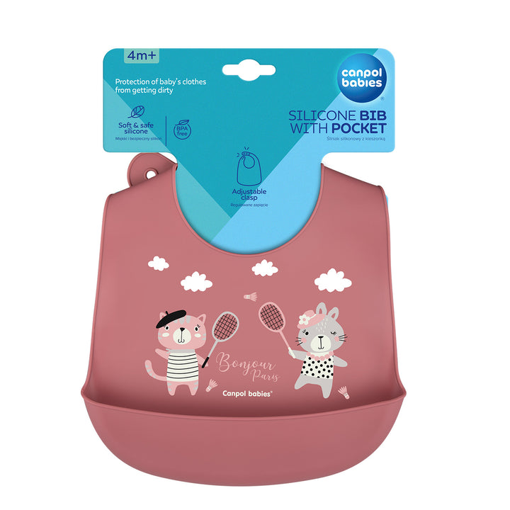Canpol babies Silicone Bib with Pocket BONJOUR PARIS dark red