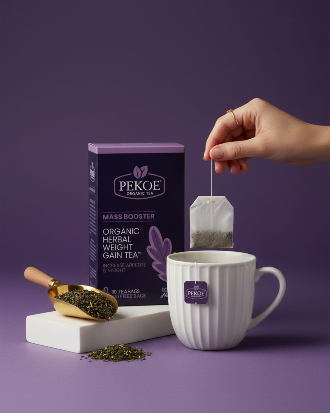 PEKOE MASS BOOSTER 
ORGANIC HERBAL WEIGHT GAIN TEA 
INCREASE APPETITE AND WEIGHT 
30 TEABAGS + 10 FREE