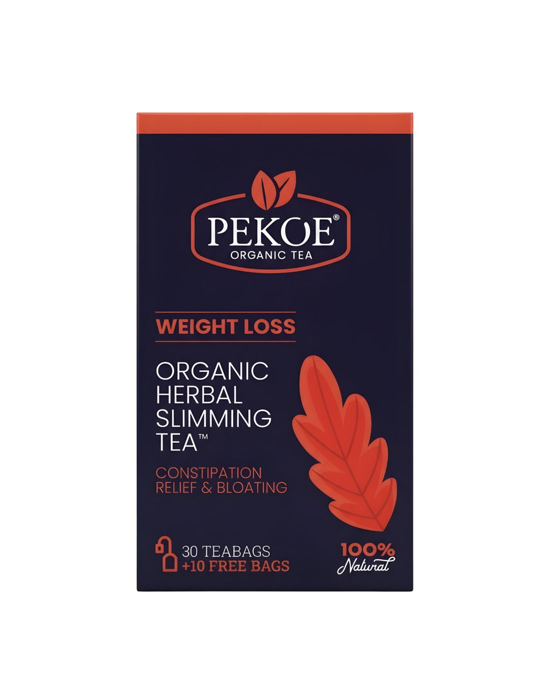 PEKOE WEIGHT LOSS
ORGANIC HERBAL SLIMMING TEA 
CONSTIPATION RELIEF AND BLOATING 
30 TEABAGS + 10 FREE