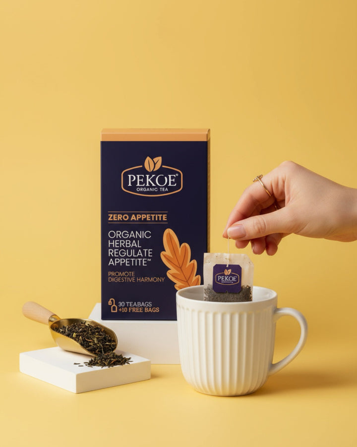 PEKOE ZERO APPETITE
ORGANIC HERBALREGULATE APPETITE 
PROMOTE DIGESTIVE HARMONY 
30 TEABAGS + 10 FREE