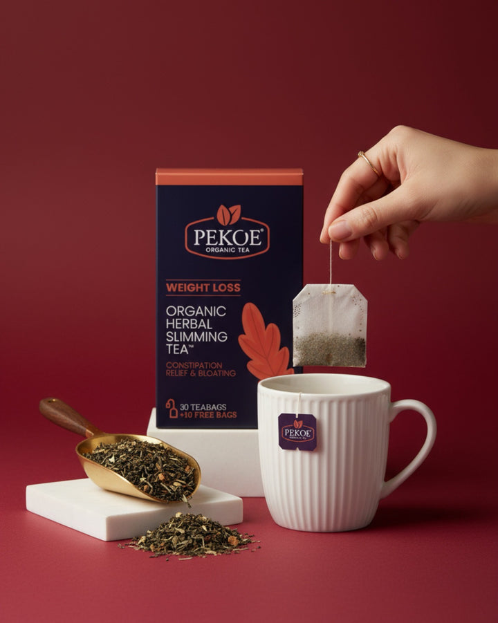 PEKOE WEIGHT LOSS
ORGANIC HERBAL SLIMMING TEA 
CONSTIPATION RELIEF AND BLOATING 
30 TEABAGS + 10 FREE